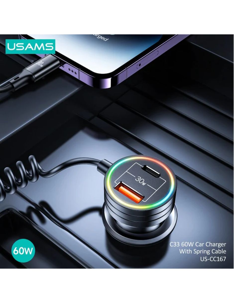 Cargador de Auto 60W USAMS USB A/C con Cable Tipo C
