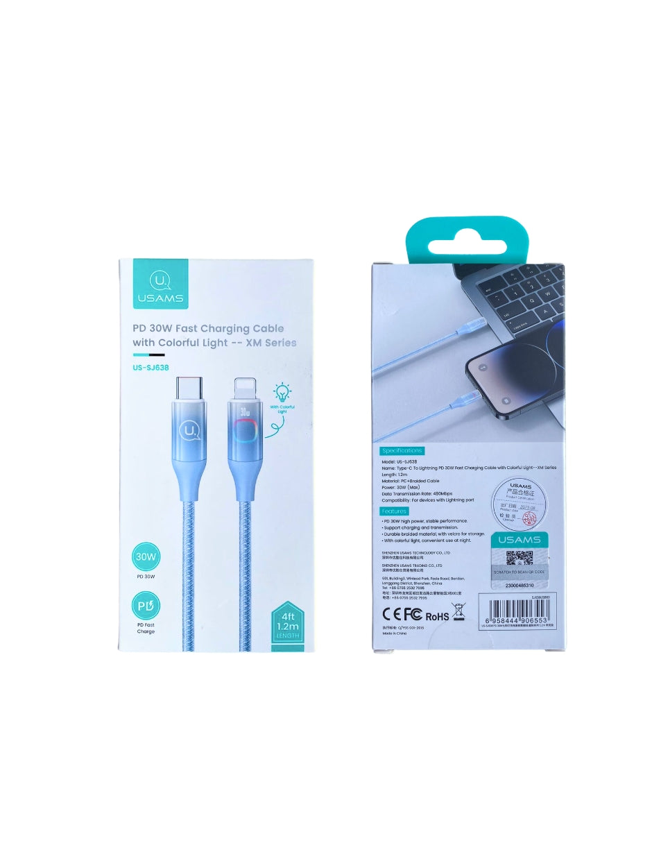 Cable Tipo C a Lightning USAMS 30W PD 1.2m Azul con Led