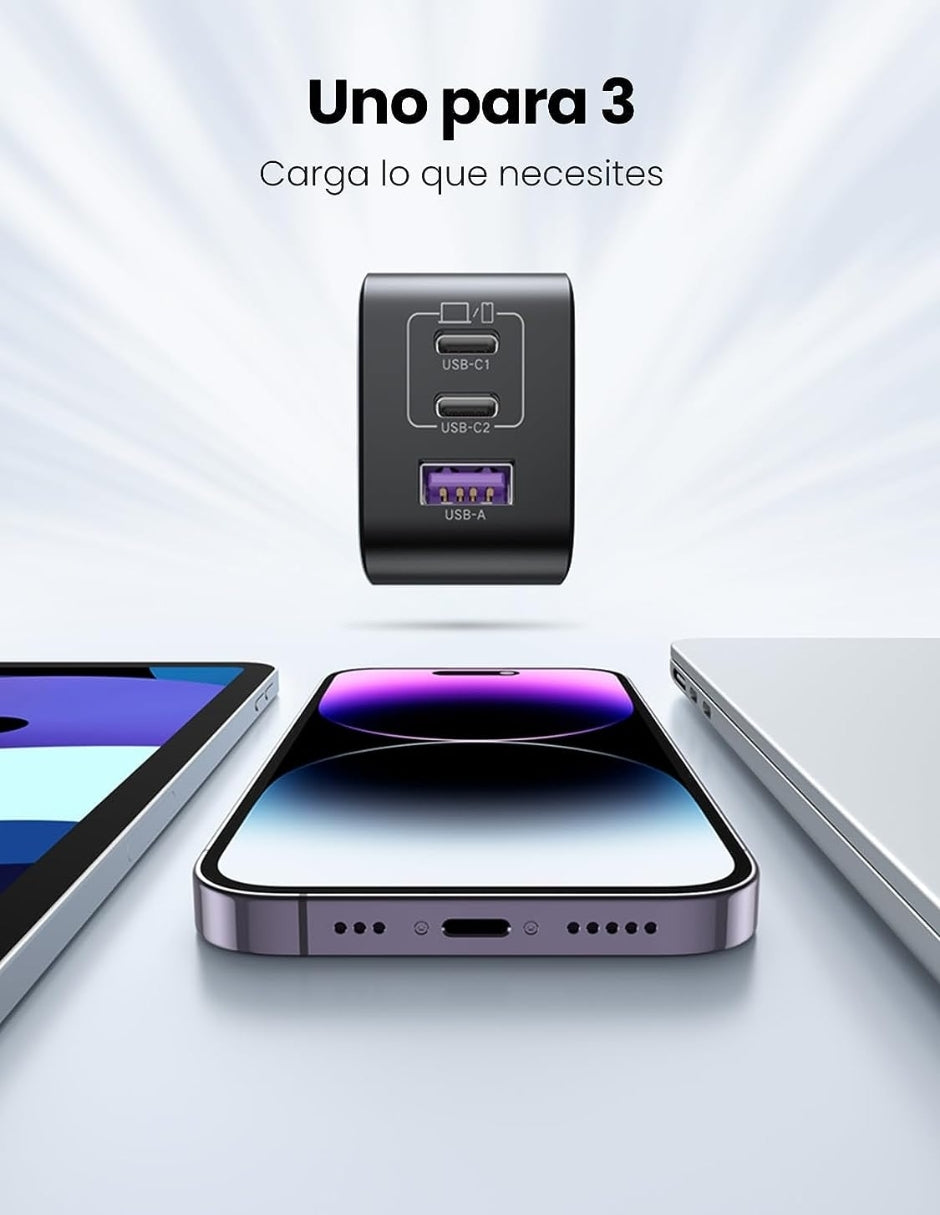 UGREEN Cargador Nexode USB C 65W GAN 3 Puertos Gris