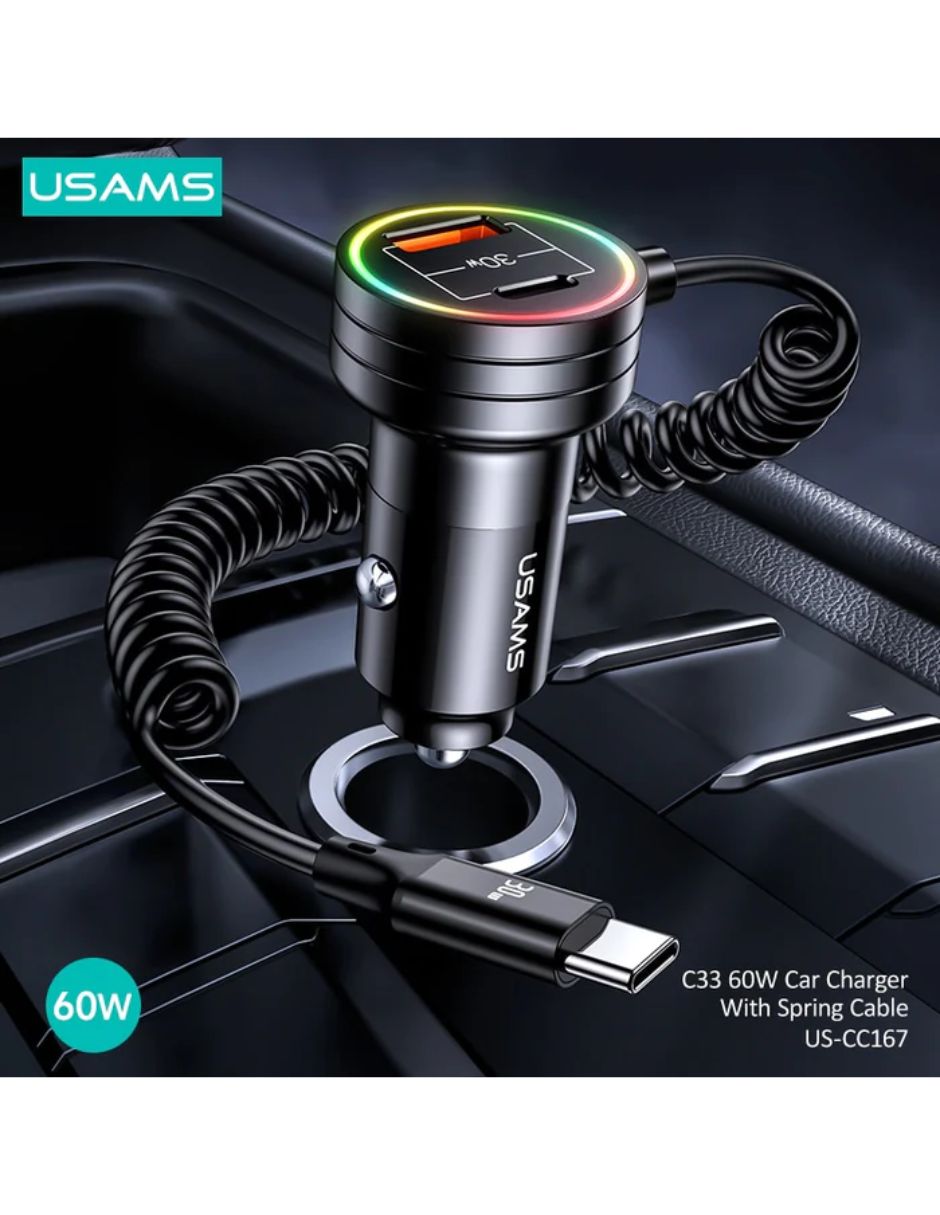 Cargador de Auto 60W USAMS USB A/C con Cable Tipo C