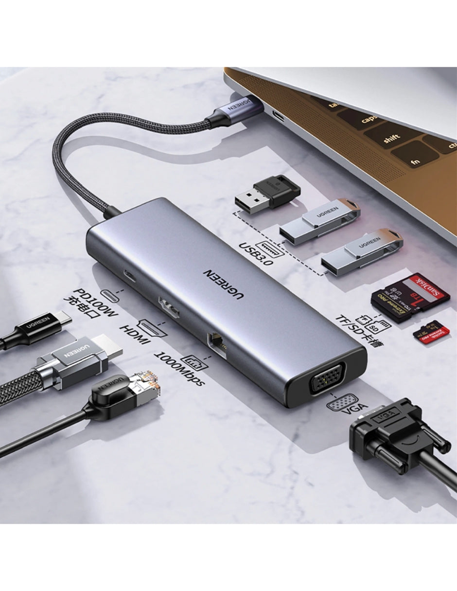 HUB 9 en 1 UGREEN 3 USB-A, 1 USB-C, 1 HDMI 4K/60hz, SD/TFT, Ethernet y VGA