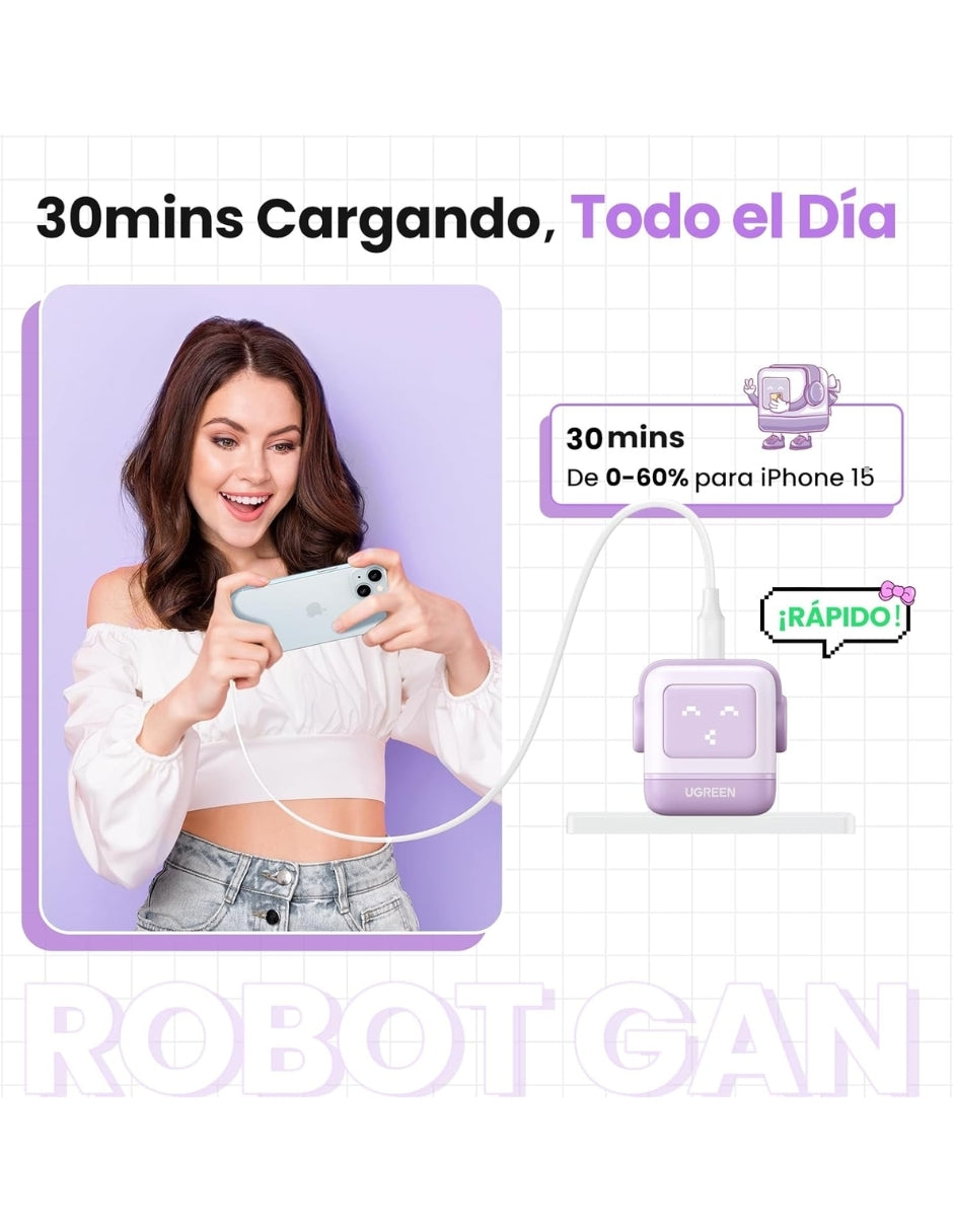 UGREEN Cargador Nexode 30W Tipo C Carga Rápida, GaNRobot con Pantalla de Carga Purpura