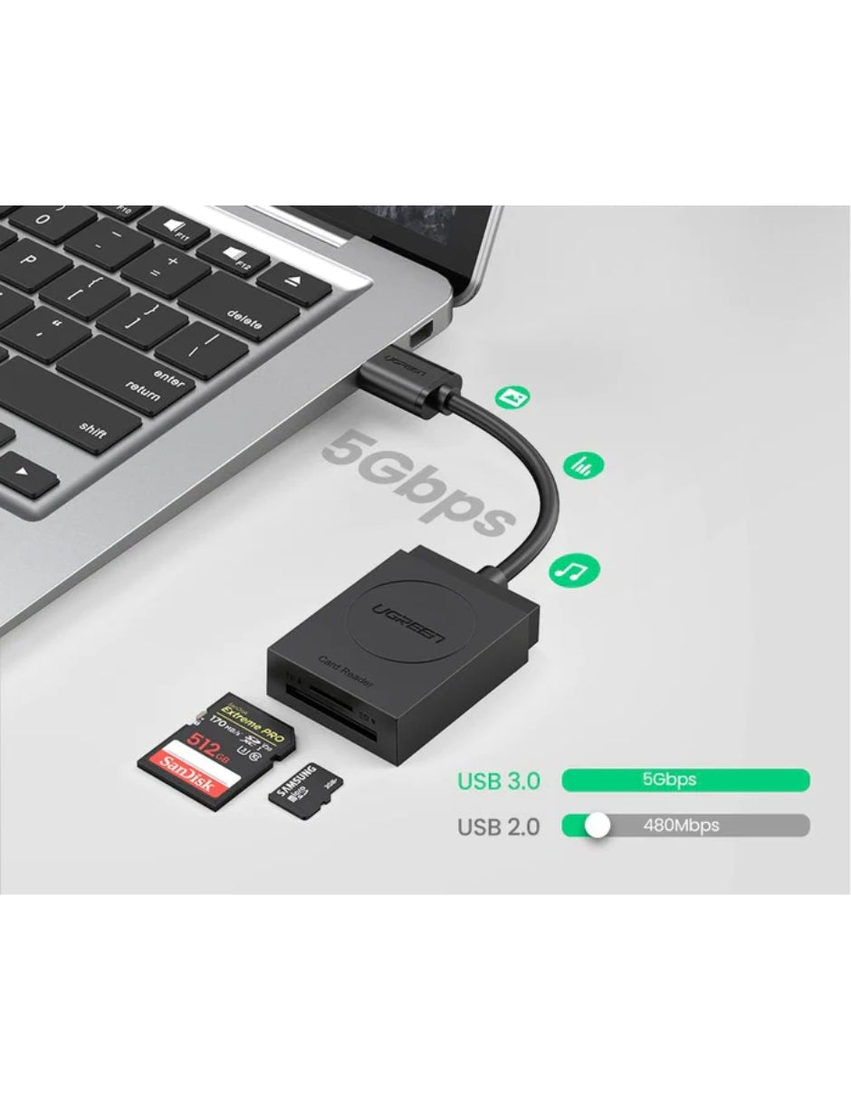 UGREEN Lector de Tarjetas 2 en 1, USB 3.0 a TF, SD y Micro SD Negro