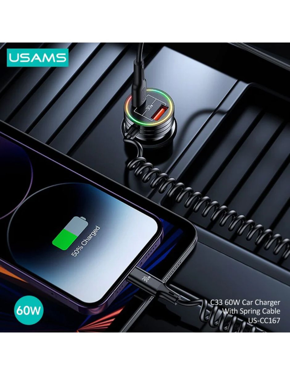 Cargador de Auto 60W USAMS USB A/C con Cable Tipo C