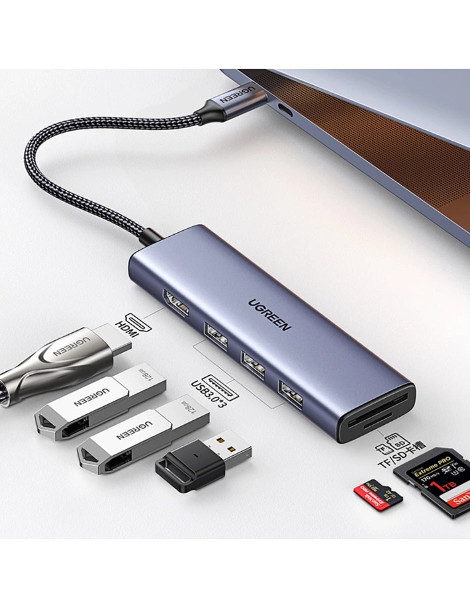 Hub 6 en 1 Ugreen USB-C a 1 HDMI, 3 USB A, 2 SD/TF 5Gbps