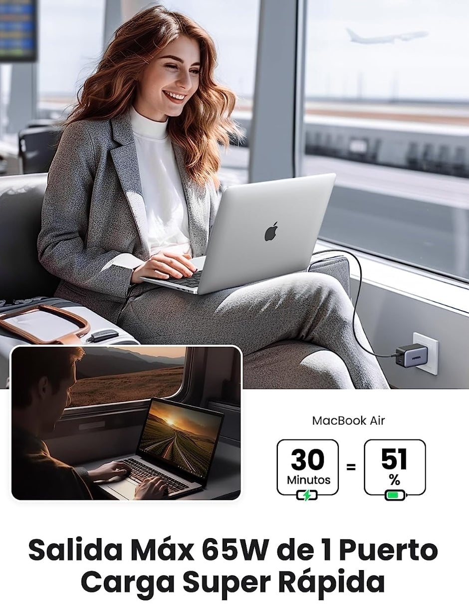 UGREEN Cargador Nexode USB C 65W GAN 3 Puertos Gris