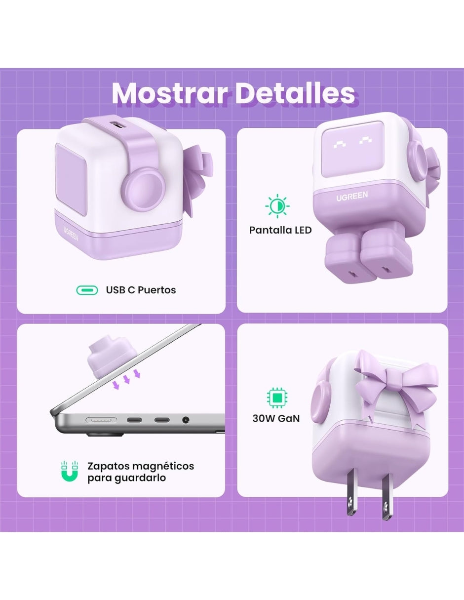 UGREEN Cargador Nexode 30W Tipo C Carga Rápida, GaNRobot con Pantalla de Carga Purpura