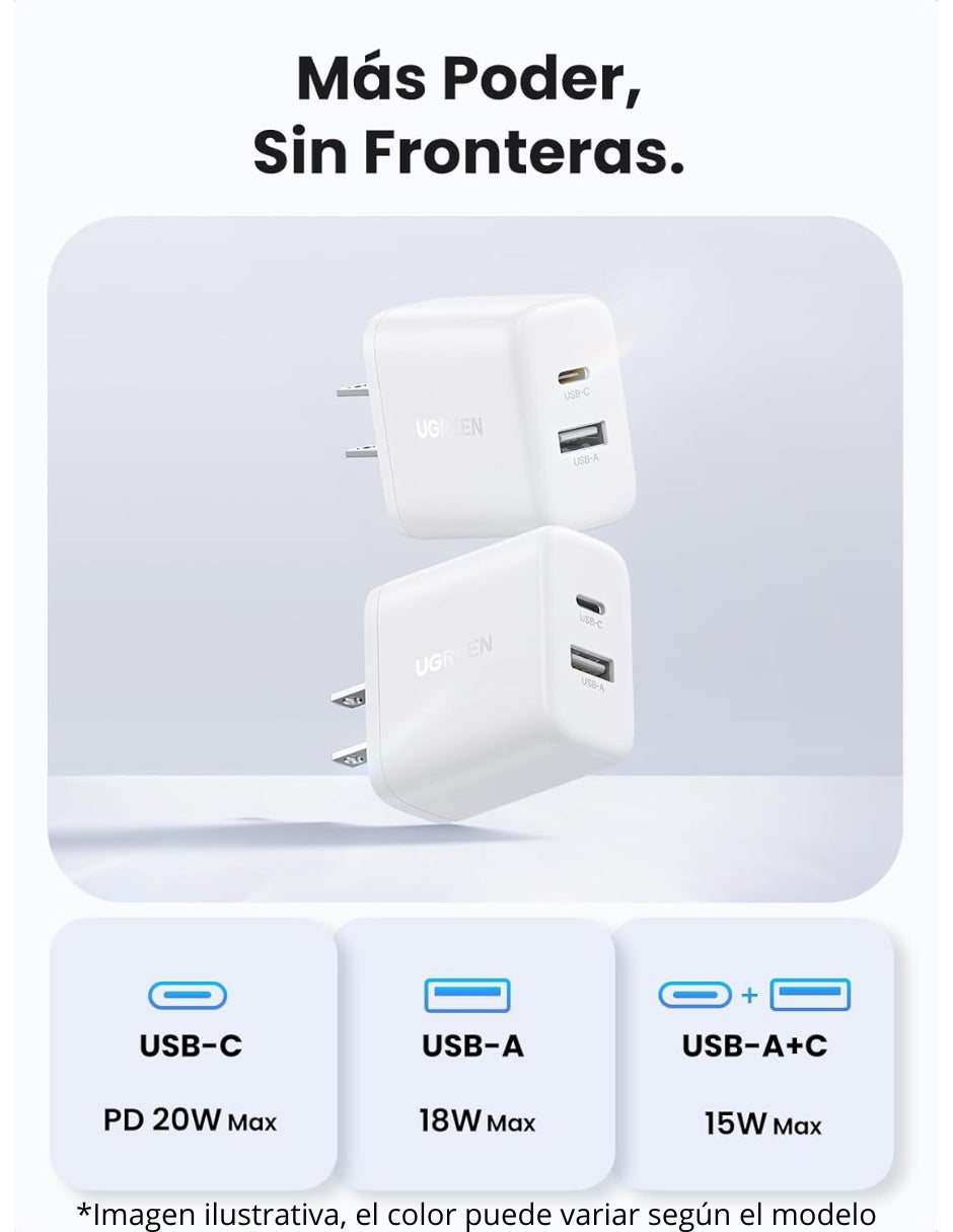 Cargador 2 en 1 Ugreen Carga Rápida 20W Negro 1 USB C, 1 USB A