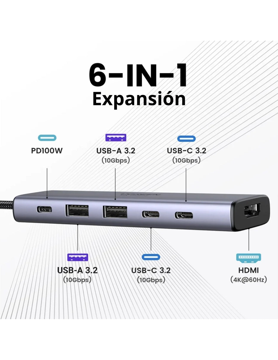 Hub 6 en 1 Ugreen USB-C a 1 HDMI, 2 USB A, 3 USB C 4K Carga Rápida