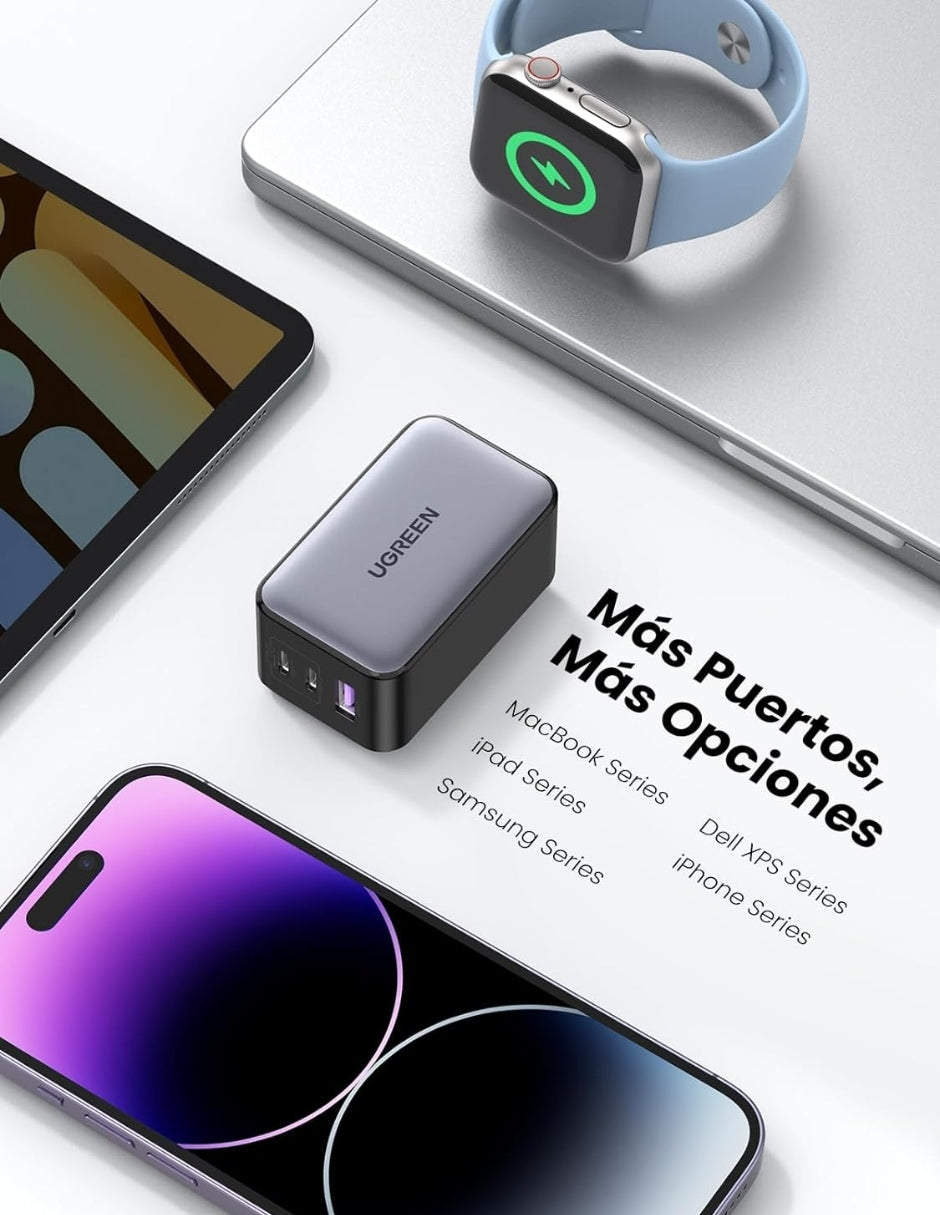 UGREEN Cargador Nexode USB C 65W GAN 3 Puertos Gris