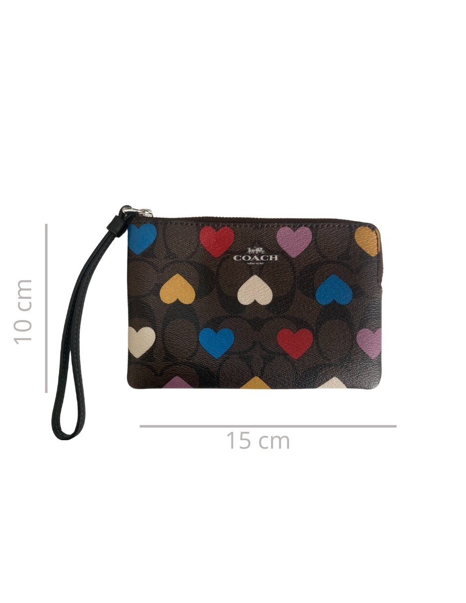 Monedero Coach Corner Zip con Corazones Café