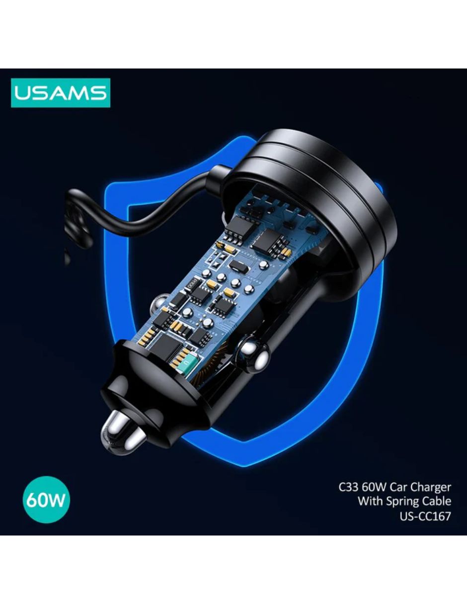 Cargador de Auto 60W USAMS USB A/C con Cable Tipo C