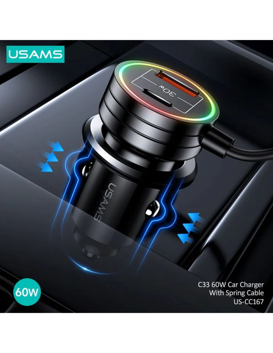 Cargador de Auto 60W USAMS USB A/C con Cable Tipo C