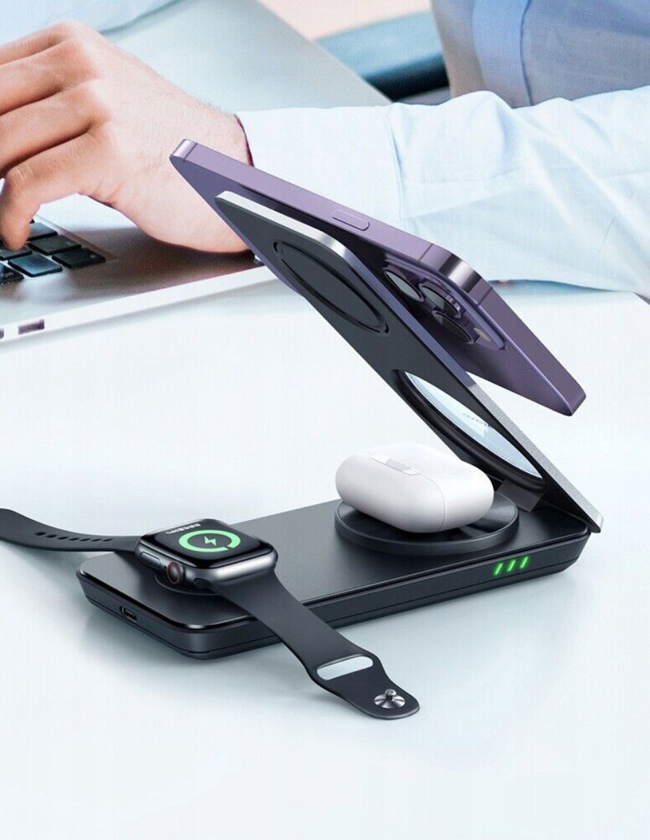 Cargador magnético inalámbrico plegable 3 en 1 con soporte Blanco