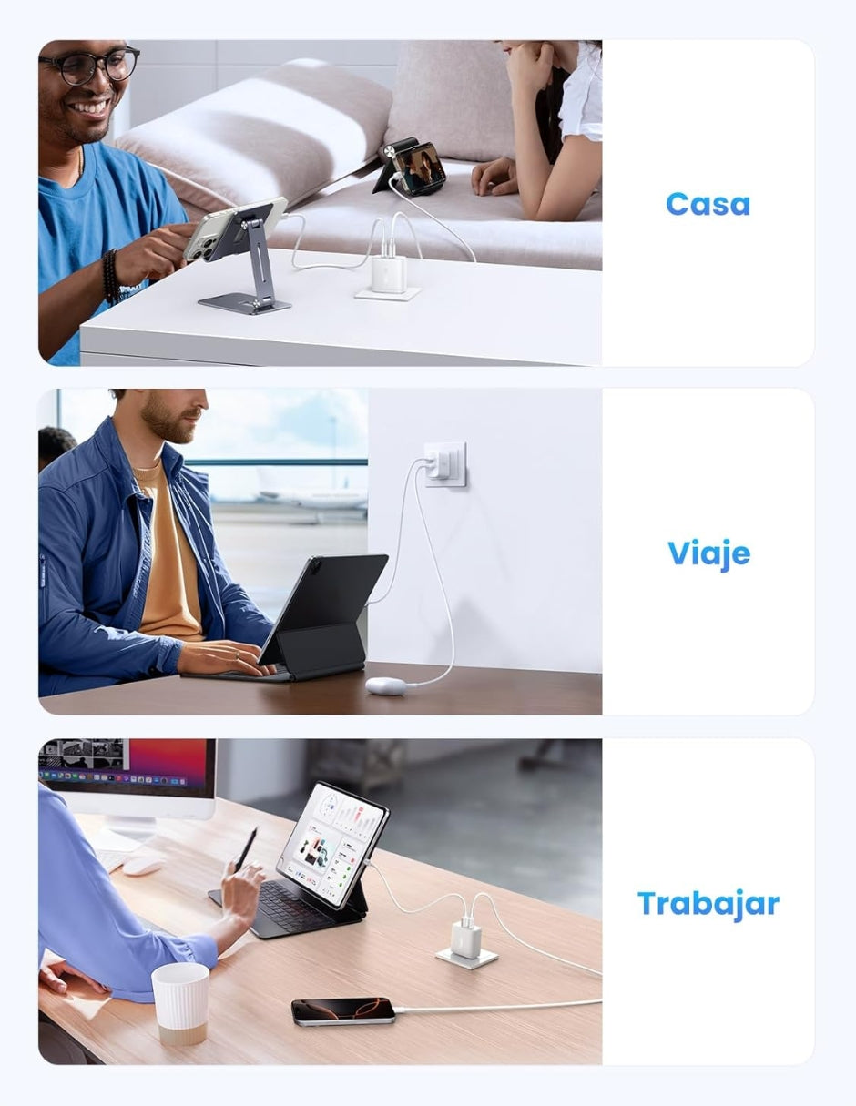 Cargador 2 en 1 Ugreen Carga Rápida 20W Blanco 1 USB C, 1 USB A