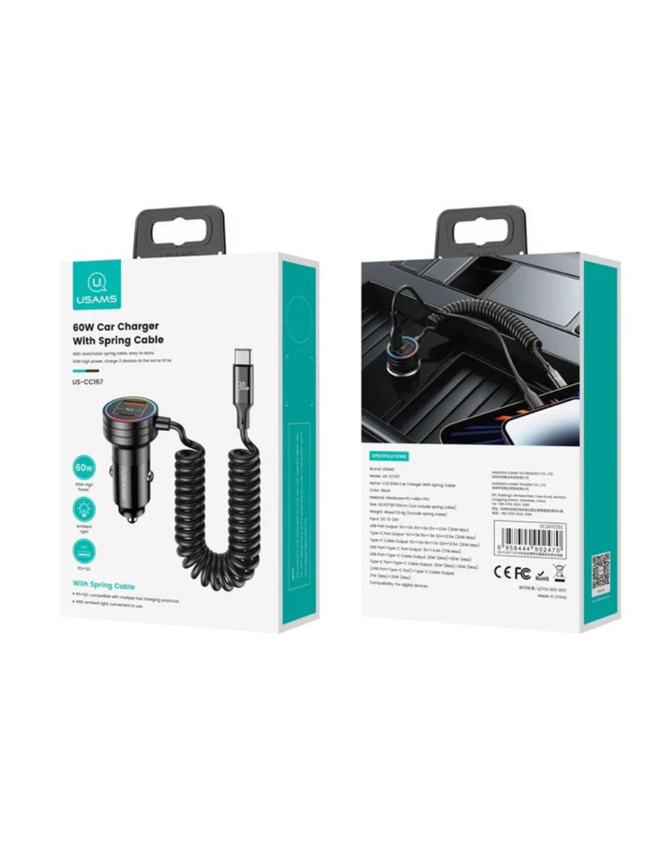 Cargador de Auto 60W USAMS USB A/C con Cable Tipo C
