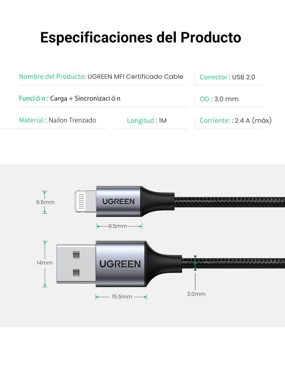UGREEN Cable USB-A a Lightning MFI 1m Negro