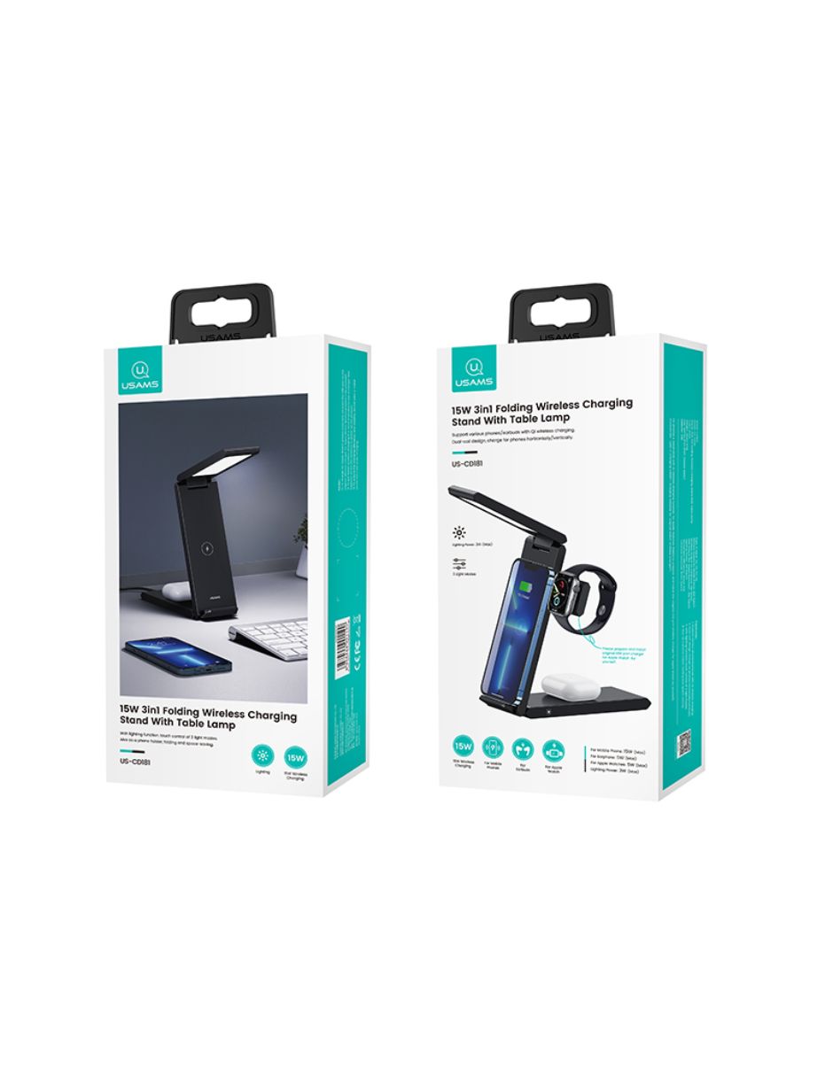 Cargador Inalámbrico 3en1 USAMS Plegable para Celular, Earpods y Smartwatch 15W Negro