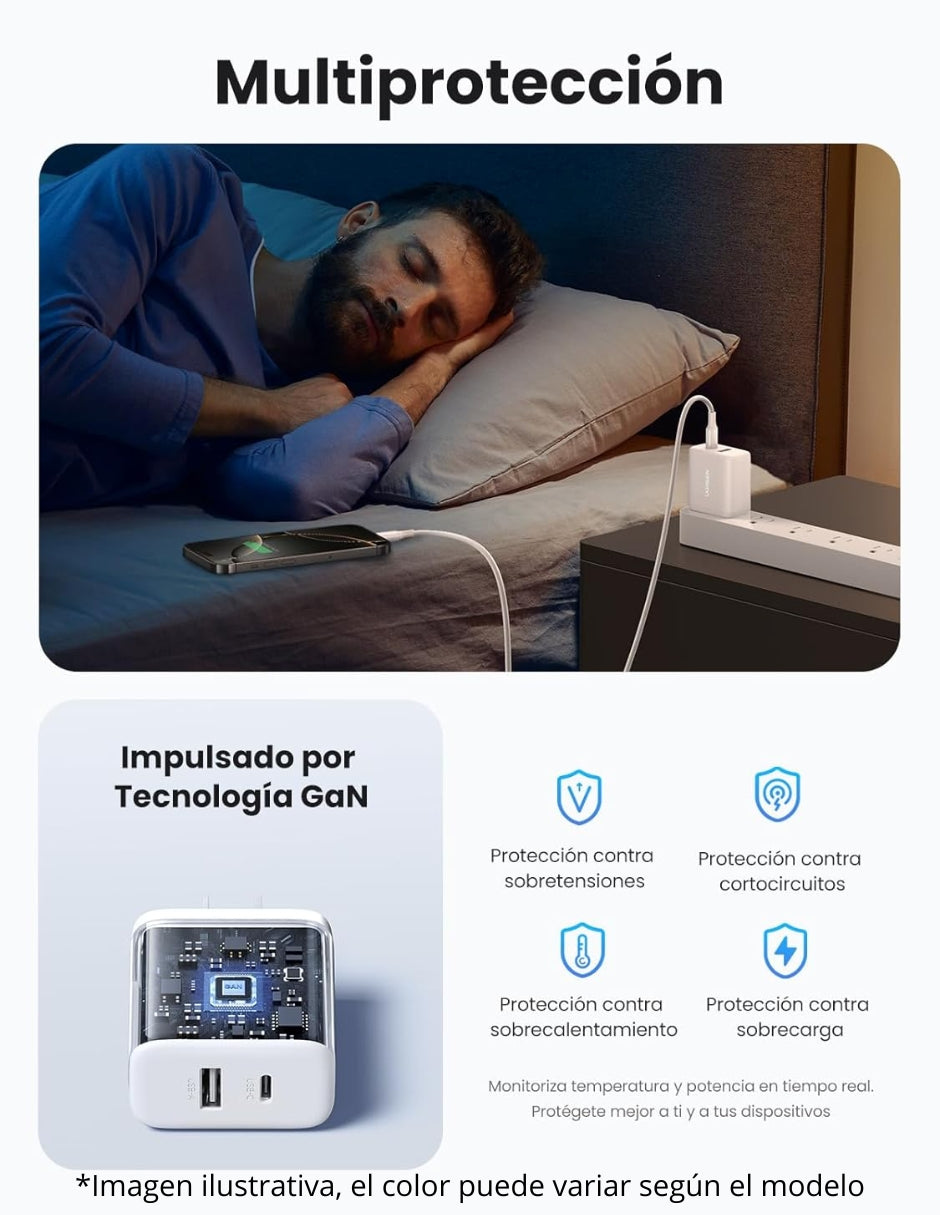 Cargador 2 en 1 Ugreen Carga Rápida 20W Negro 1 USB C, 1 USB A