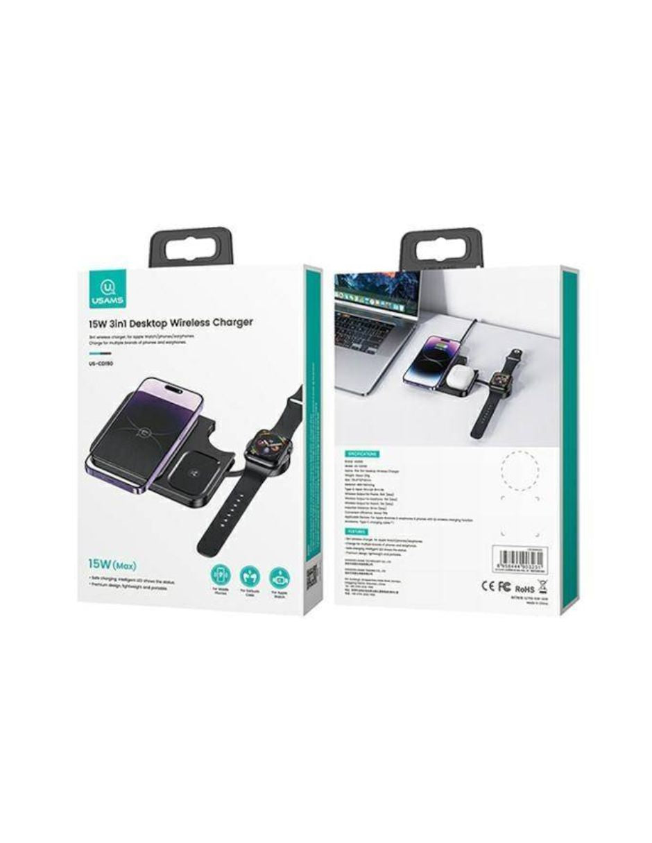 Cargador Inalámbrico 3en1 para Celular, Earpods y Smartwatch 15W Negro