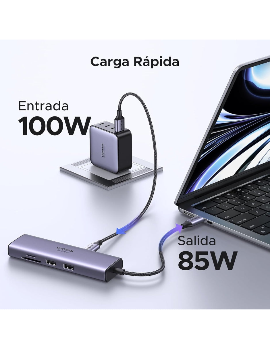 HUB 7 en 1 UGREEN 2 USB-A, 1 USB-C, 1 HDMI 4K/60hz, SD/TFT y Ethernet