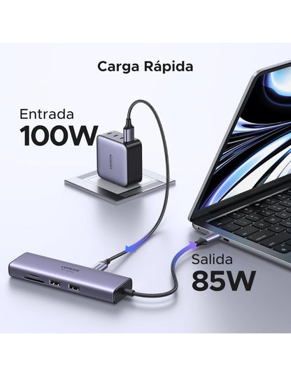 HUB 7 en 1 UGREEN 2 USB-A, 1 USB-C, 1 HDMI 4K/60hz, SD/TFT y Ethernet