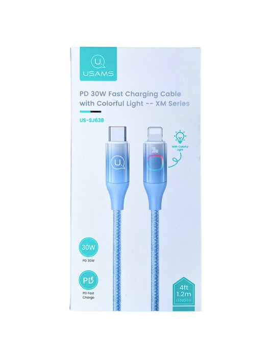 Cable Tipo C a Lightning USAMS 30W PD 1.2m Azul con Led