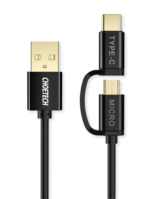 Cable 2 en 1 USB a USB-C/Micro Negro 1.2m