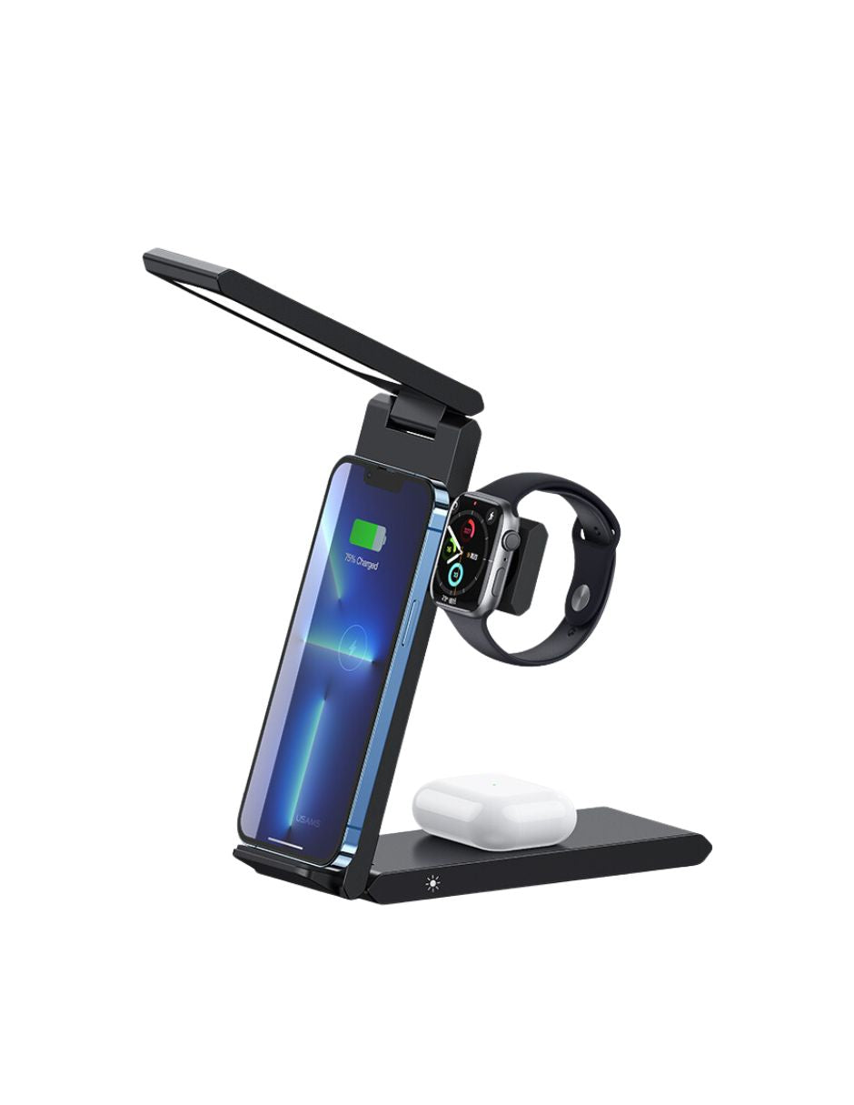 Cargador Inalámbrico 3en1 USAMS Plegable para Celular, Earpods y Smartwatch 15W Negro
