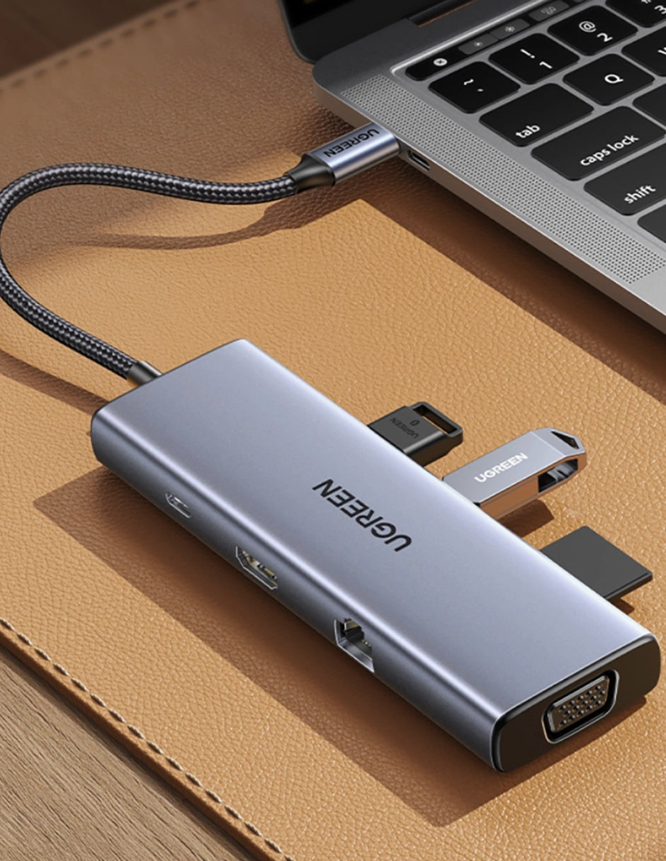 HUB 9 en 1 UGREEN 3 USB-A, 1 USB-C, 1 HDMI 4K/60hz, SD/TFT, Ethernet y VGA