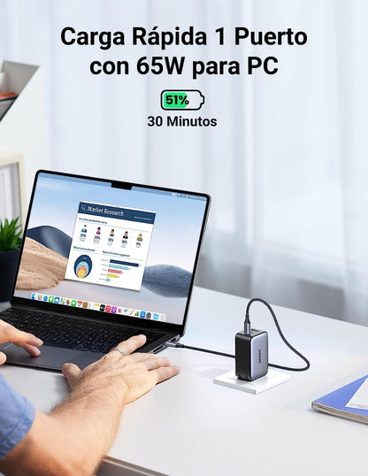 UGREEN Cargador Nexode USB C 65W GAN 3 Puertos Gris