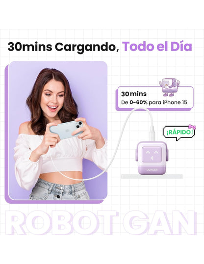 Cargador UGREEN Nexode 65W  Tipo C Carga Rápida GaNRobot color lila