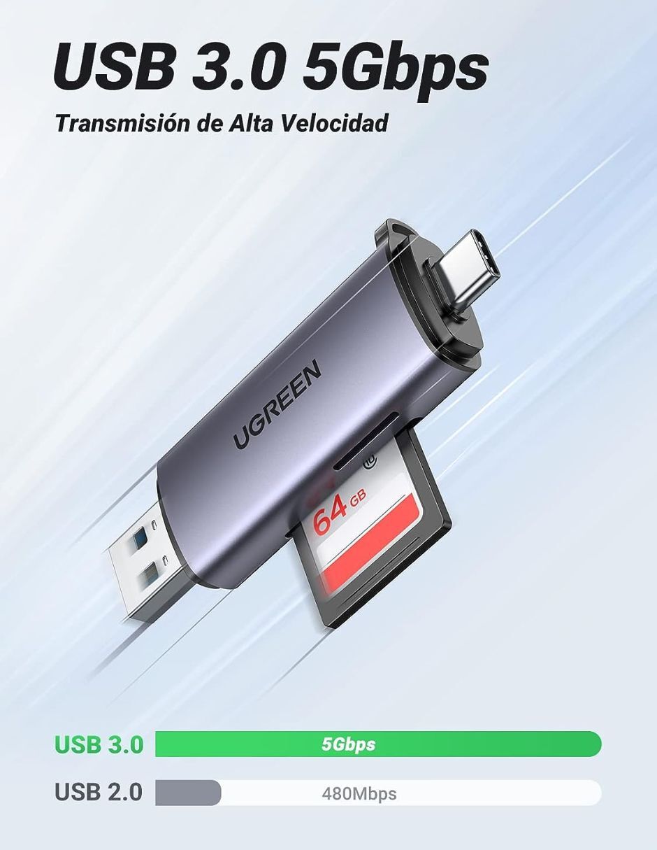 UGREEN Lector de Tarjeta USB C a USB-A OTG 5Gbps Gris