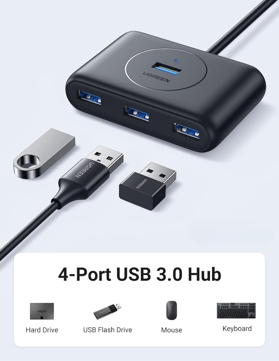 UGREEN HUB USB a 4 USB 3.0 5Gbps y PD Carga 1m Negro