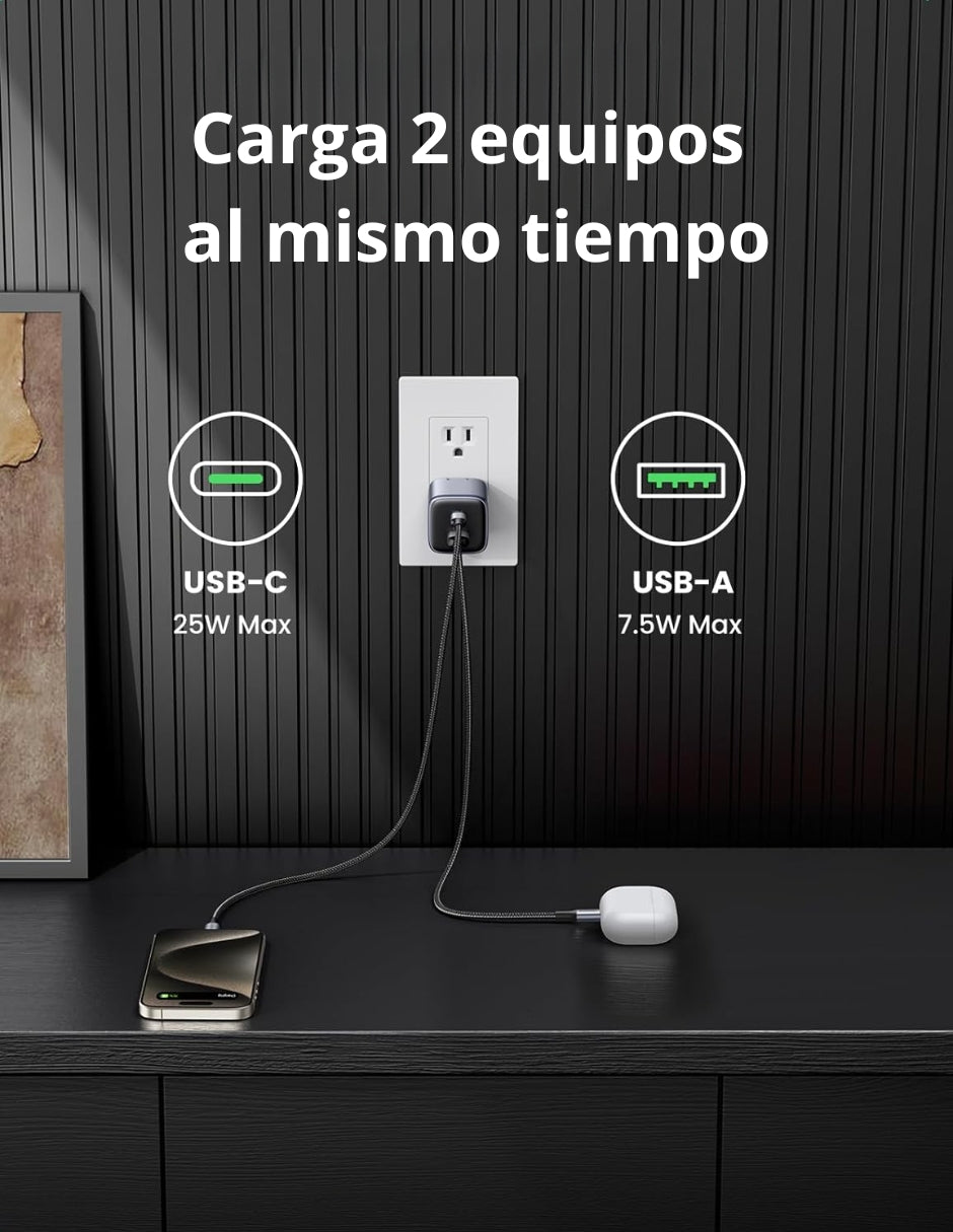 Cargador 2 en 1 de 35W Ugreen Nexode 1 Usb-C, 1 Usb-A de Carga Rápida