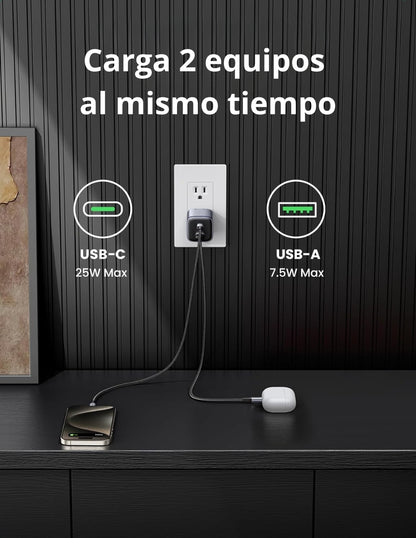 Cargador 2 en 1 de 35W Ugreen Nexode 1 Usb-C, 1 Usb-A de Carga Rápida