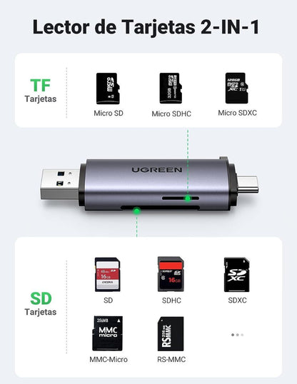 UGREEN Lector de Tarjeta USB C a USB-A OTG 5Gbps Gris