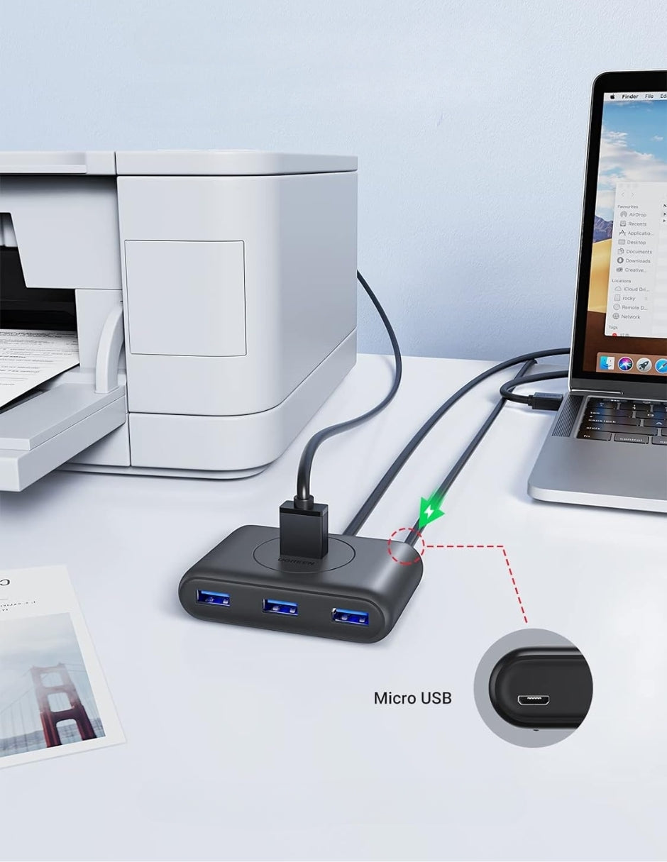 UGREEN HUB USB a 4 USB 3.0 5Gbps y PD Carga 1m Negro