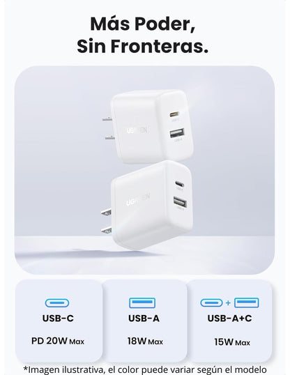 Cargador 2 en 1 Ugreen Carga Rápida 20W Negro 1 USB C, 1 USB A