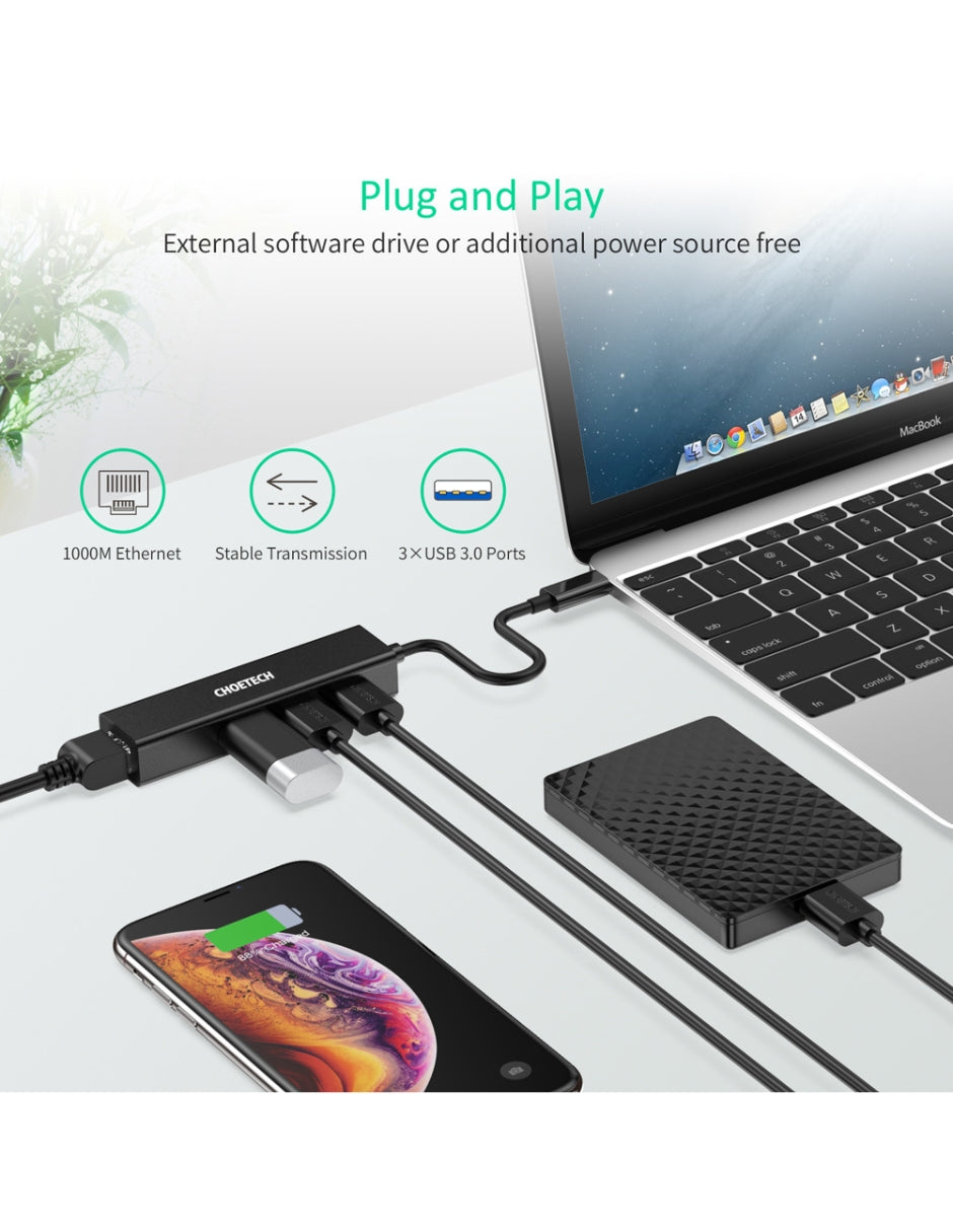 HUB USB-C con 3 puertos USB y un adaptador para Ethernet