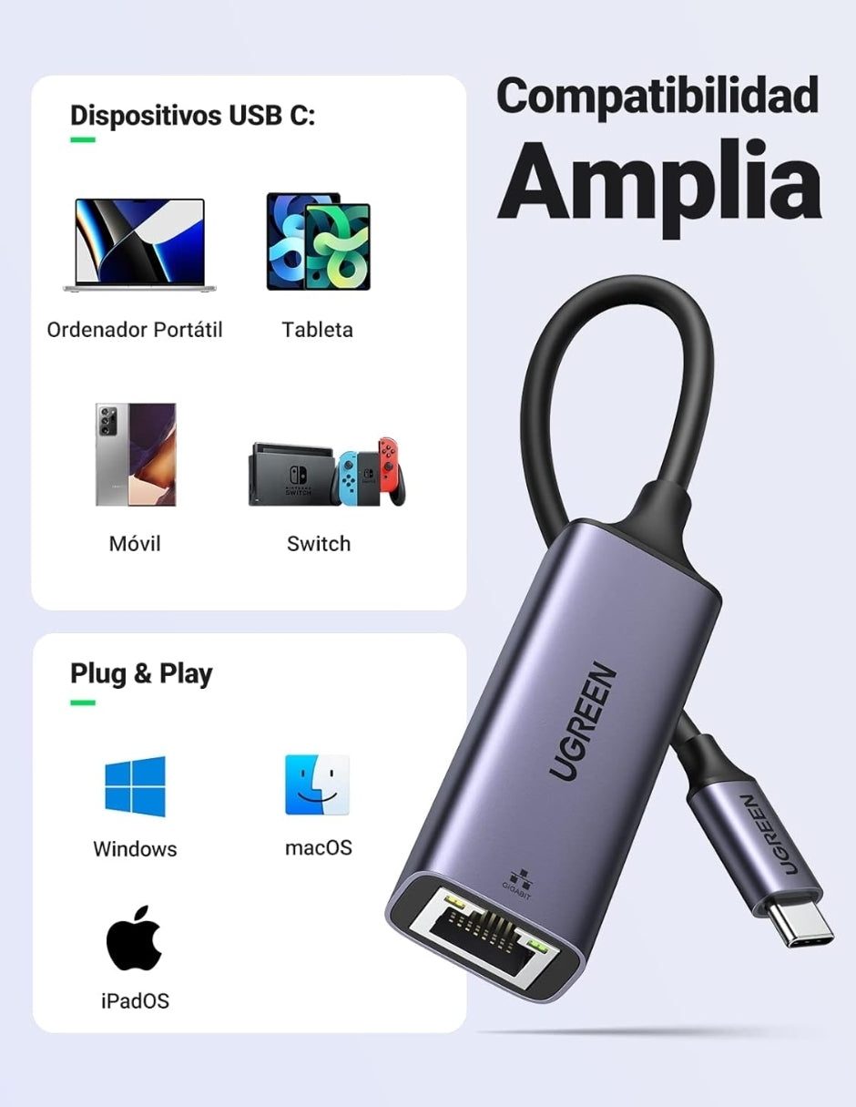 UGREEN Adaptador USB C a Ethernet, Gigabit 1000Mbps