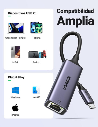 UGREEN Adaptador USB C a Ethernet, Gigabit 1000Mbps