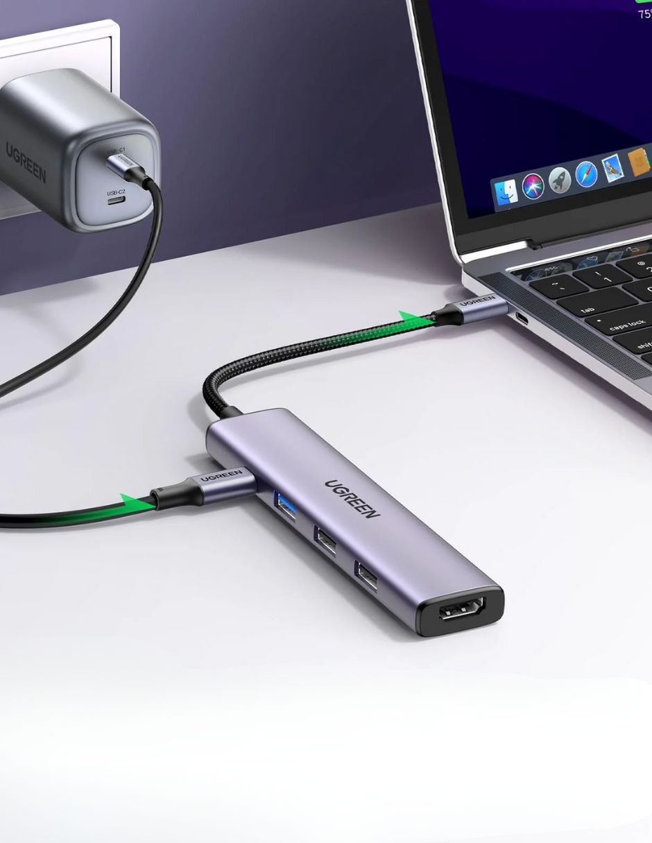 UGREEN HUB 5 en 1 Tipo C a USB 3.0, USB 2.0, HDMI, PD Gris