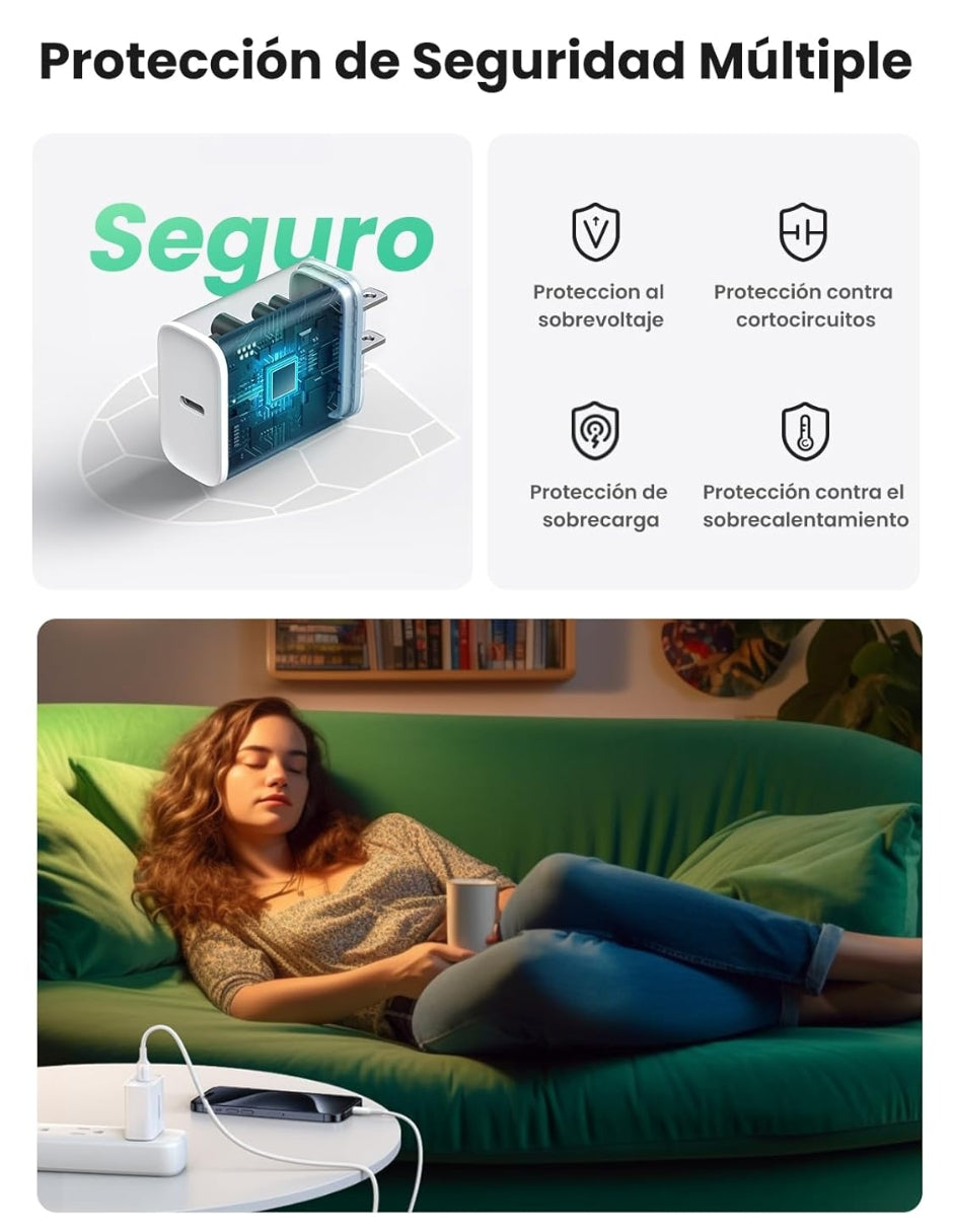 Cargador Tipo C de 20W Ugreen Carga Rápida color blanco