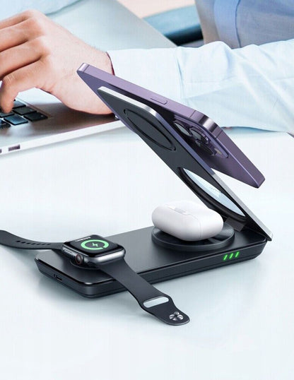 Cargador magnético inalámbrico plegable 3 en 1 con soporte Blanco