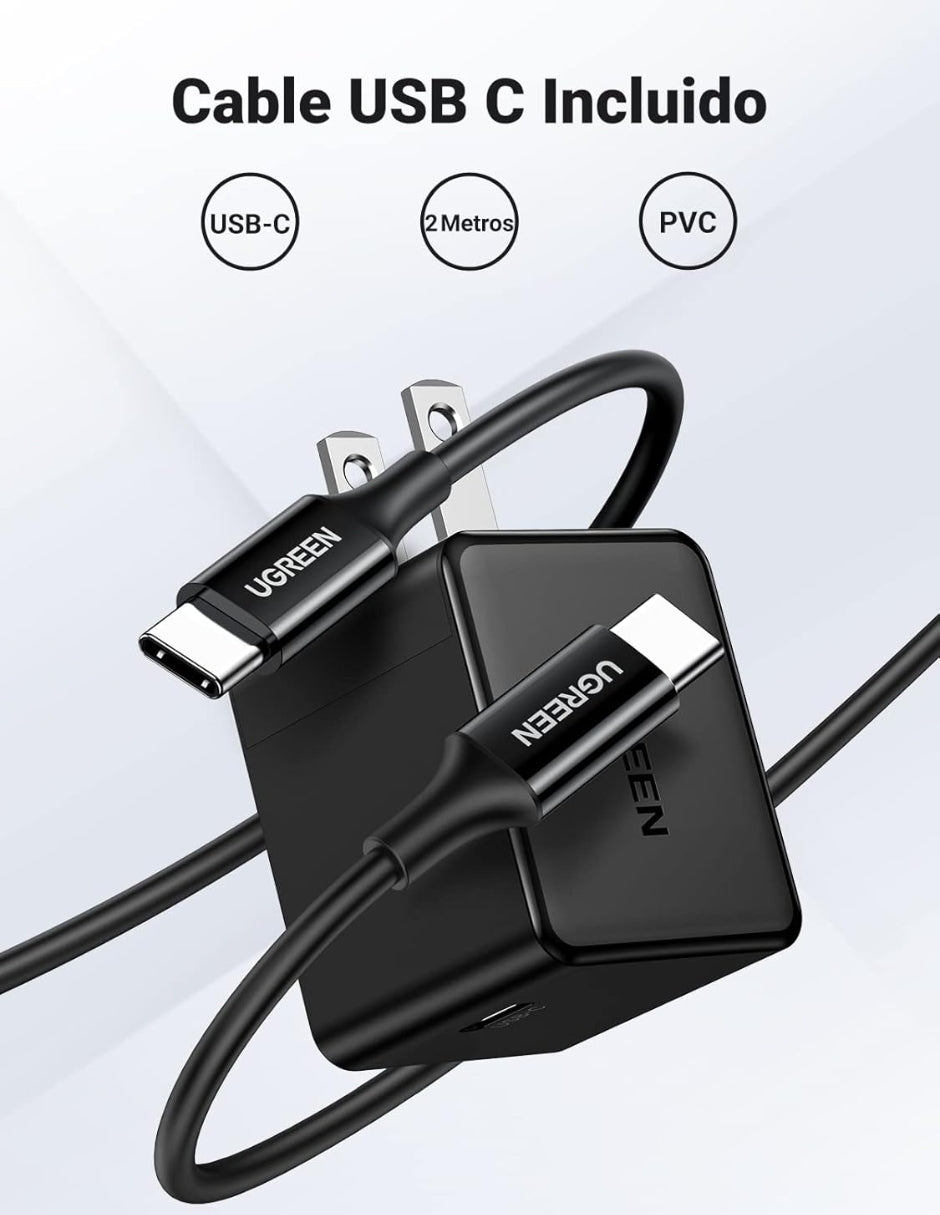 Cargador Tipo C de 25W Ugreen Carga Rápida con Cable USB C 2 m color negro