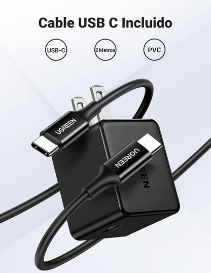 Cargador Tipo C de 25W Ugreen Carga Rápida con Cable USB C 2 m color negro