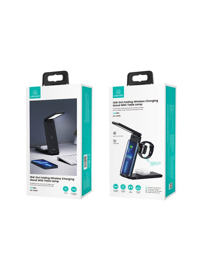 Cargador Inalámbrico 3en1 USAMS Plegable para Celular, Earpods y Smartwatch 15W Negro